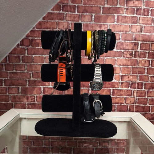 Black velvet jewelry display stand for bracelets and watches, 3 tiers