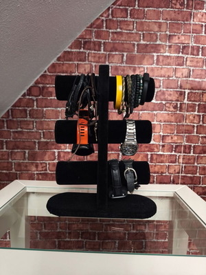 Black velvet jewelry display stand for bracelets and watches, 3 tiers