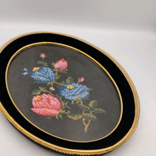 Vintage hand embroidered tapestry used with wooden frame and glass