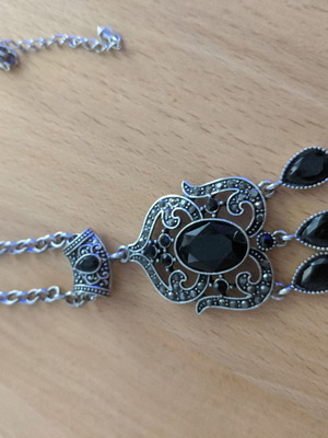 Boho pendant necklace used, long with black stones