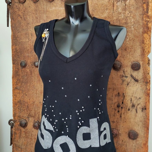 Y2k Black Rock Chic Tank Top with Silver Glitter Slogan and Brooch