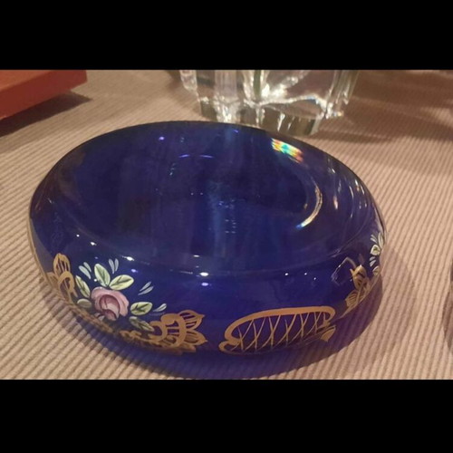 Bohemia glass ashtrays used, Czechoslovakia, cobalt color, hand-painted