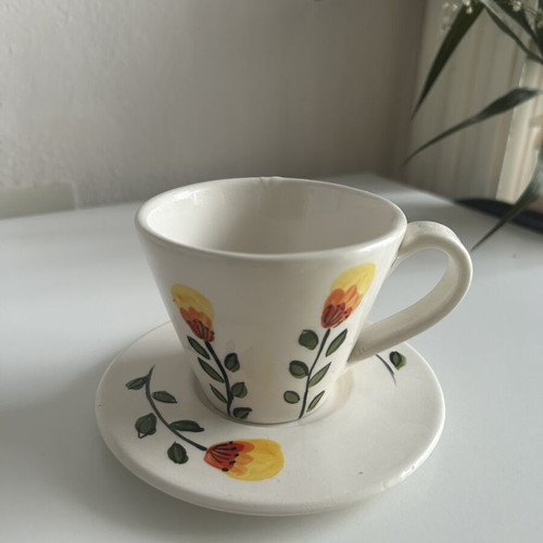 Handmade ceramic cup with saucer like new, handpainted