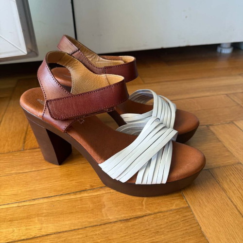 Marila leather women's sandals size 38, white and brown