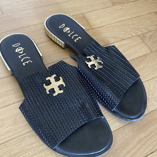 Dolce black sandals with gold detail and low heel