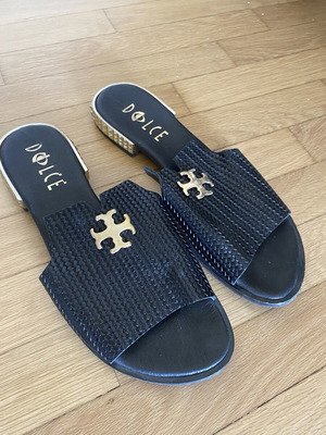 Dolce black sandals with gold detail and low heel