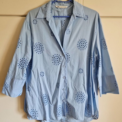 Zara oversized blouse with cutout embroidery, blue, size S