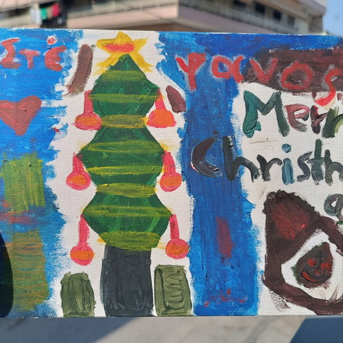 Handmade canvas painting Christmas tree Merry Christmas Naive Art