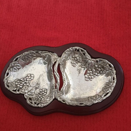 Plate for pistachios used, metal silver with wooden base