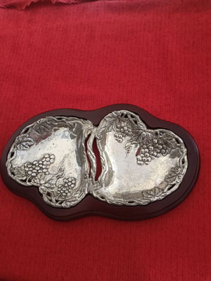 Plate for pistachios used, metal silver with wooden base