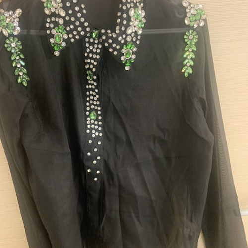 Black Sheer Shirt with Green Crystal Embellishments like new