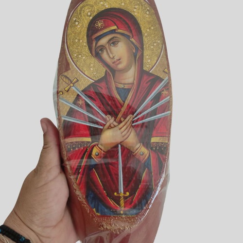 Icon of Panagia Eptaspathi on wood new, oval shape with decoupage