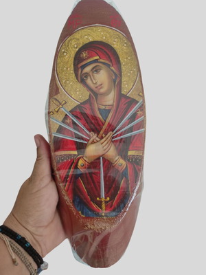 Icon of Panagia Eptaspathi on wood new, oval shape with decoupage