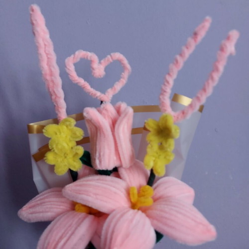 Handmade flower bouquet in pink and yellow shades