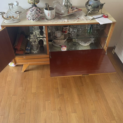 Mid-Century Sideboard 60s with Mirror and Fluted Doors, Vintage Bar Cabinet