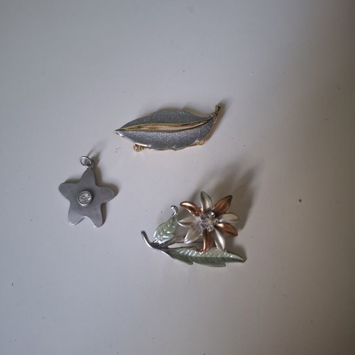 Set of 3 Vintage Jewelry - 2 Brooches (Leaf & Flower) + 1 Star Pendant
