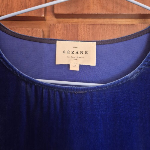 Sezane velvet blouse with sleeve ruching, new, blue, size L