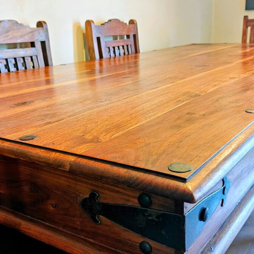 Indian Art Palace dining set, handmade solid wood with metal details