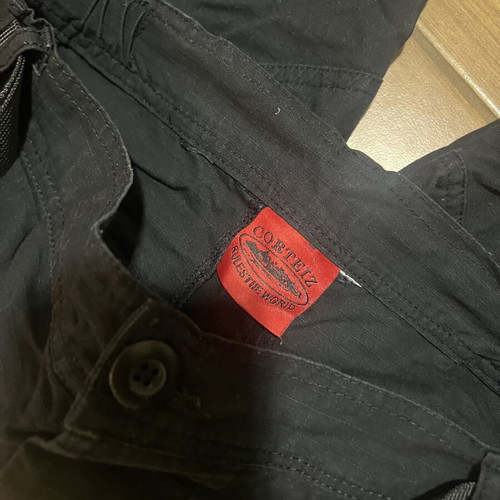 Corteiz cargo pants, black with red logo, medium-large