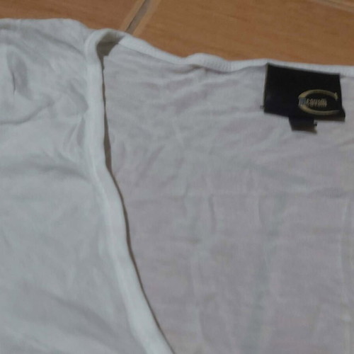Roberto Cavalli vintage white T-shirt with sequined sleeves and glam neckline, like new