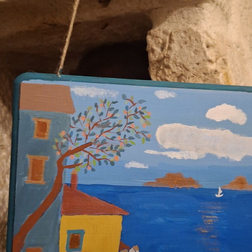 Handmade decorative wooden plaque with Aegean sea painting