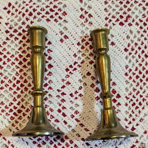 Vintage brass candlestick pair, miniature, 7 cm