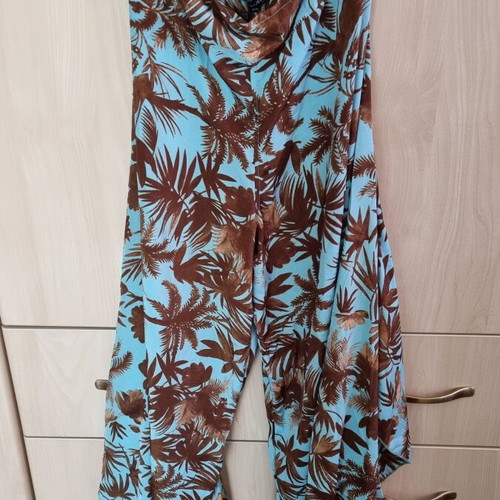 Silk set with wide palazzo pants and top, new, brown and turquoise