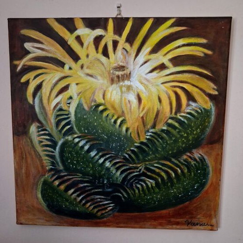 Handmade painting of blooming succulent on dark canvas, new