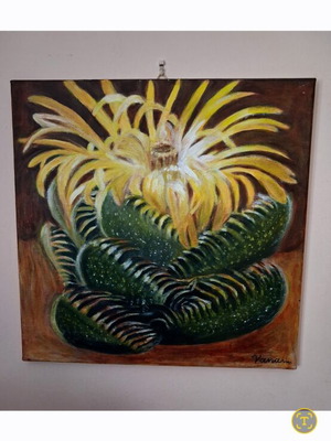Handmade painting of blooming succulent on dark canvas, new