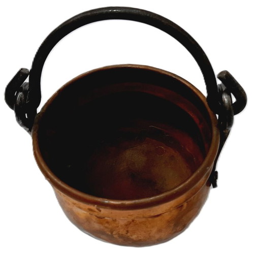 French copper cauldron hand hammered with forged iron handle, like new