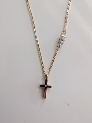 Steel necklace with cross pendant, new, gold color, 45cm, zirconia detail