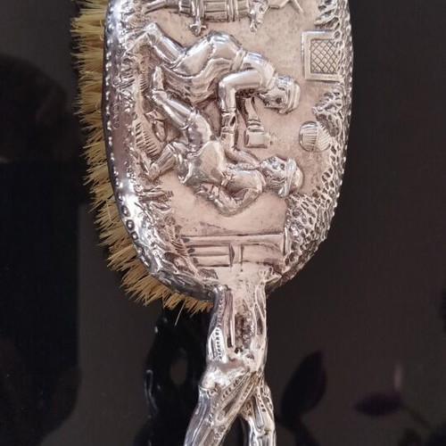 English silver hairbrush with 17th century tavern scene, like new