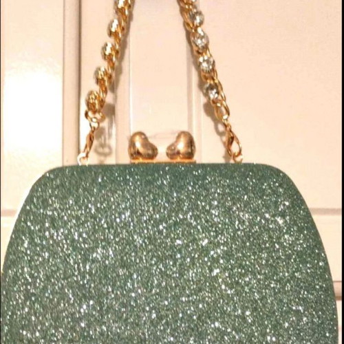 Mint rhinestone clutch bag new with heart clasp and chains