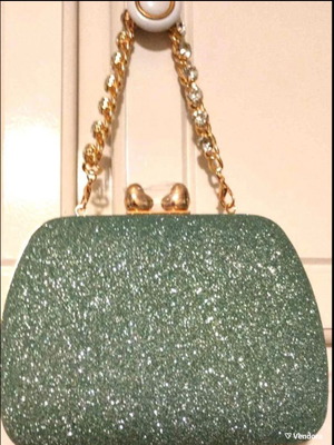 Βραδινό τσαντάκι clutch mint καινούργιο με στρας και καρδιά