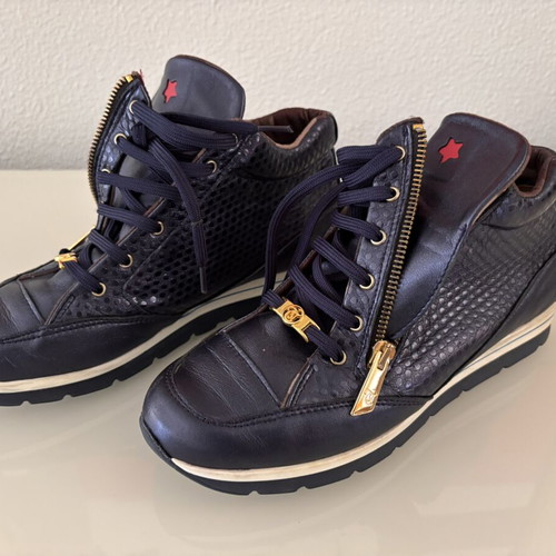 Toutounis women's leather sneakers size 38 blue metallic with gold details like new
