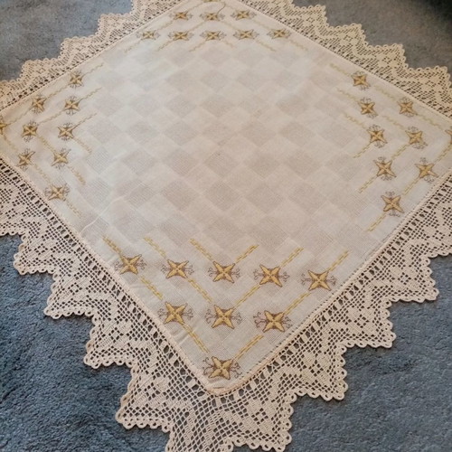 Handmade tablecloth unused embroidered with handmade lace