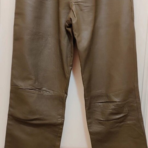 Vintage women's high-waisted leather pants, khaki green, made in Italy