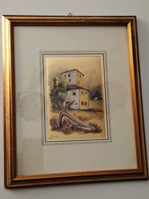 Vintage κάδρο χρωμολιθογραφία με χρυσό αλουμινόχαρτο, μεταχειρισμένο