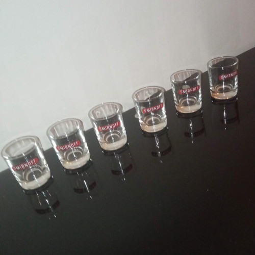 Smirnoff Vodka shot glasses set of 6 used, authentic collectible