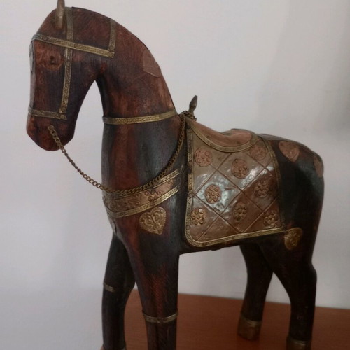 Wooden ebony horses with brass like new, vintage set of 3