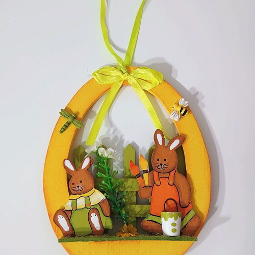 Easter wooden decorative basket with bunnies new