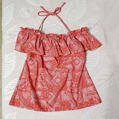 Women's swimwear top with ruffles, new, size S, white and red