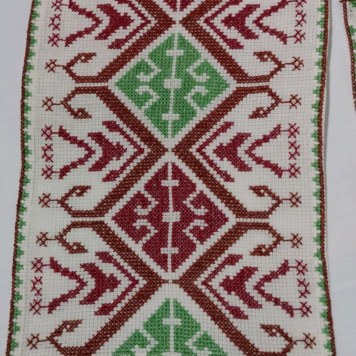 Table runner 70x37cm with 2 napkins 28.5x20.5cm new, burgundy-green on white etamine