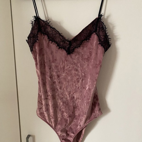 Pull & Bear velour bodysuit with lace, pink and black