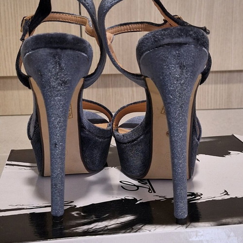 Blue velvet high-heel sandals new with 13cm stiletto heel, size 39
