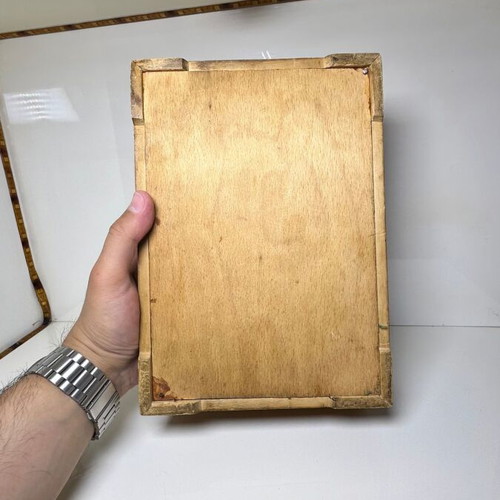 Wooden carved storage box used, handmade with fabric lining