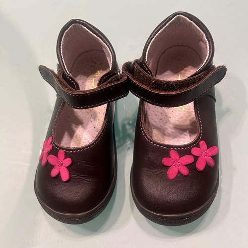 Mouger girls' ballerina shoes new, size 23, brown with fuchsia flowers