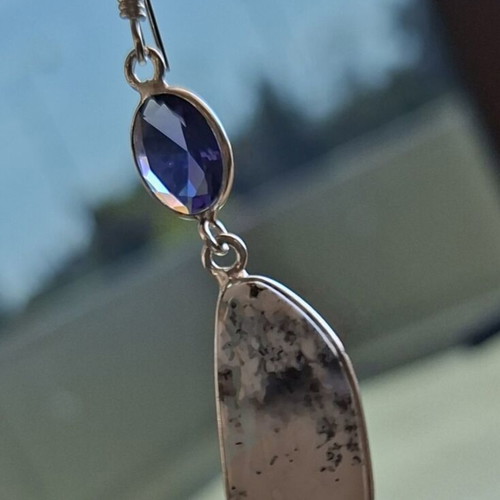 Earrings with semi-precious opal and dendritic stones, new