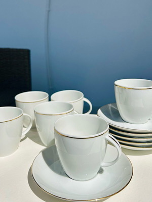 Porcelain tea cup set used, 6 pieces with gold trim