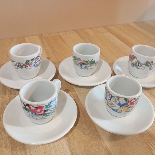 Loumidis Coffee Cups Set of 5 with Saucers, Like New, Signed by Dimitris Mytaras